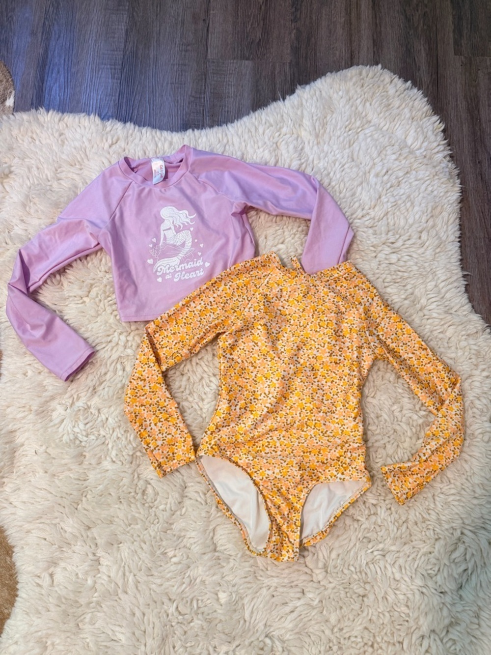 art class Pink Mermaid Rash Guard & Yellow Floral One-Piece Swim Set